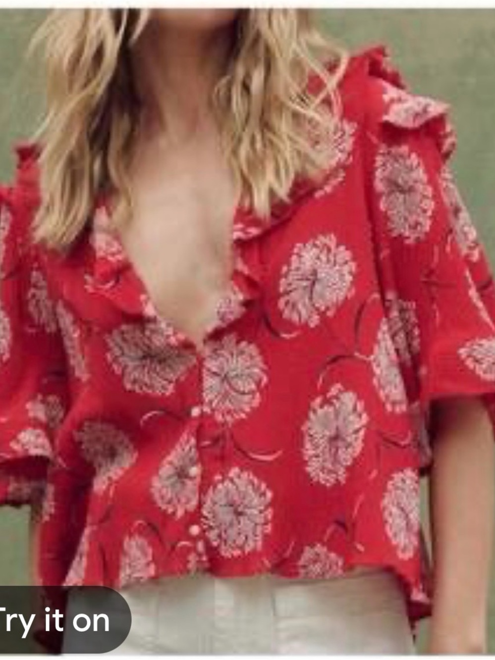 THE GREAT. Red Floral Ruffle Button-Front Blouse